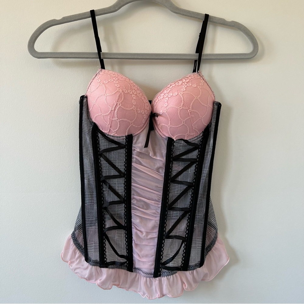 Vintage y2k nature intimates Black and Pink Lace Grunge Corset Top girly ruffle